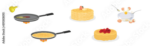 Tasty Pancake Cooking Process with Utensil Vector Set