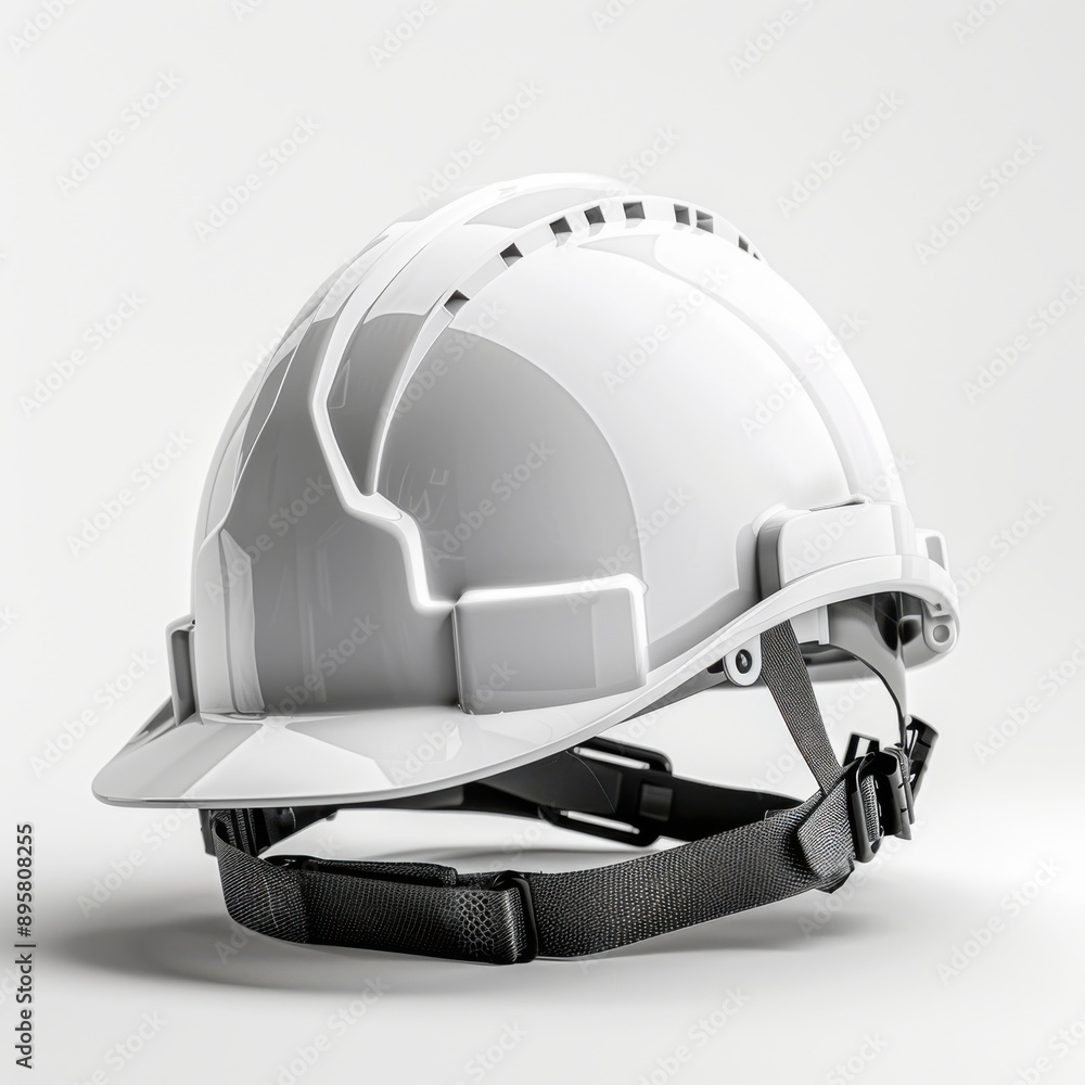 Fototapeta premium Close-up of a white safety helmet designed for construction and industrial workers, emphasizing safety and protection.