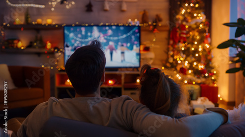 Family watching holiday movie together in cozy Christmas living room