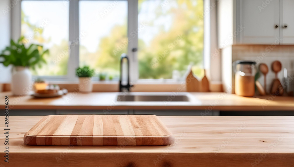 Selective focus. End grain wood counter top with cutting board on blur kitchen in morning window background. For montage product display or design key visual Selective focus. End grain wood counter top with cutting board on blur kitchen in morning window background. For montage product display or design key visual