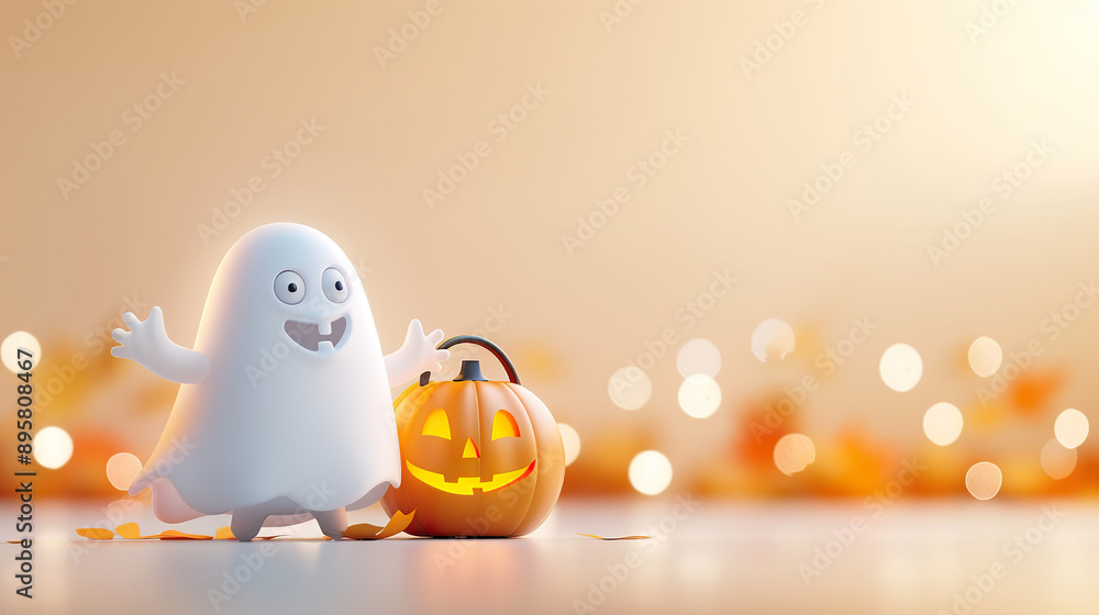 Cute Ghost with Pumpkin Lantern Cute Ghost with Pumpkin Lantern
