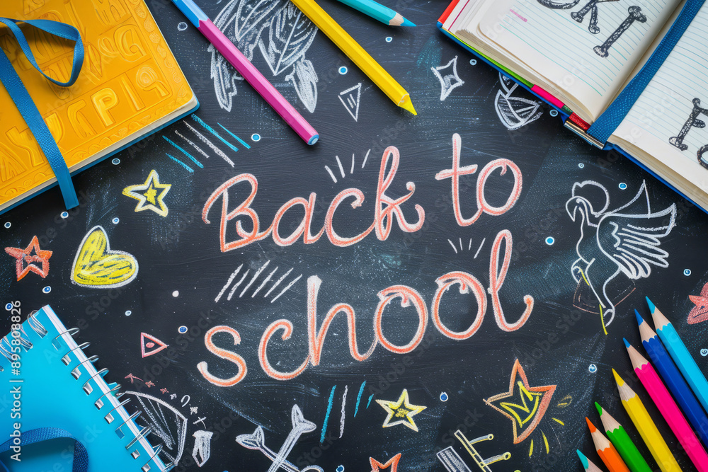 Colorful Back to School chalkboard art with vibrant pencils, notebooks and doodles Colorful Back to School chalkboard art with vibrant pencils, notebooks and doodles