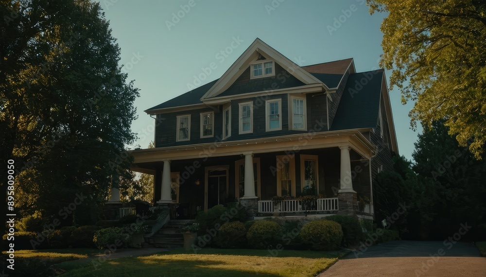 A grand two-story house with a charming porch, glowing warmly from inside, nestled among trees and bathed in the soft light of a setting sun A grand two-story house with a charming porch, glowing warmly from inside, nestled among trees and bathed in the soft light of a setting sun