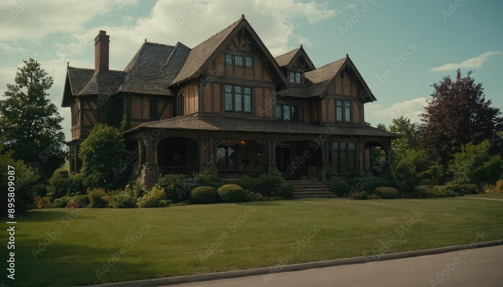 A beautiful Victorian-style home featuring a spacious porch and large windows, illuminated from within, surrounded by a lush green lawn and trees at dusk. A beautiful Victorian-style home featuring a spacious porch and large windows, illuminated from within, surrounded by a lush green lawn and trees at dusk.