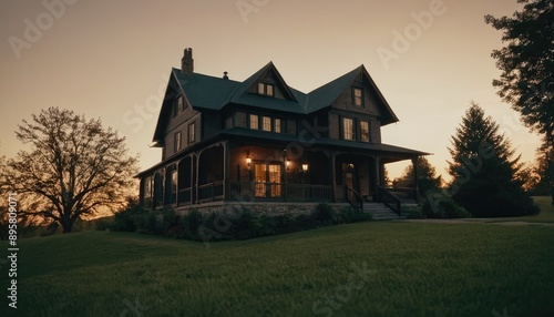 A beautiful Victorian-style home featuring a spacious porch and large windows, illuminated from within, surrounded by a lush green lawn and trees at dusk. © Александр Бердюгин
