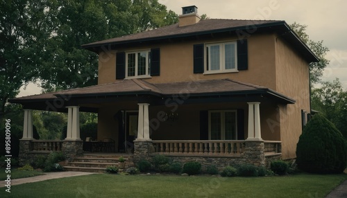 Wallpaper Mural A beautiful Victorian-style home featuring a spacious porch and large windows, illuminated from within, surrounded by a lush green lawn and trees at dusk. Torontodigital.ca