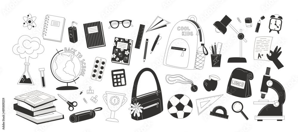 Set of elements with cute school supplies in black and white color Set of elements with cute school supplies in black and white color