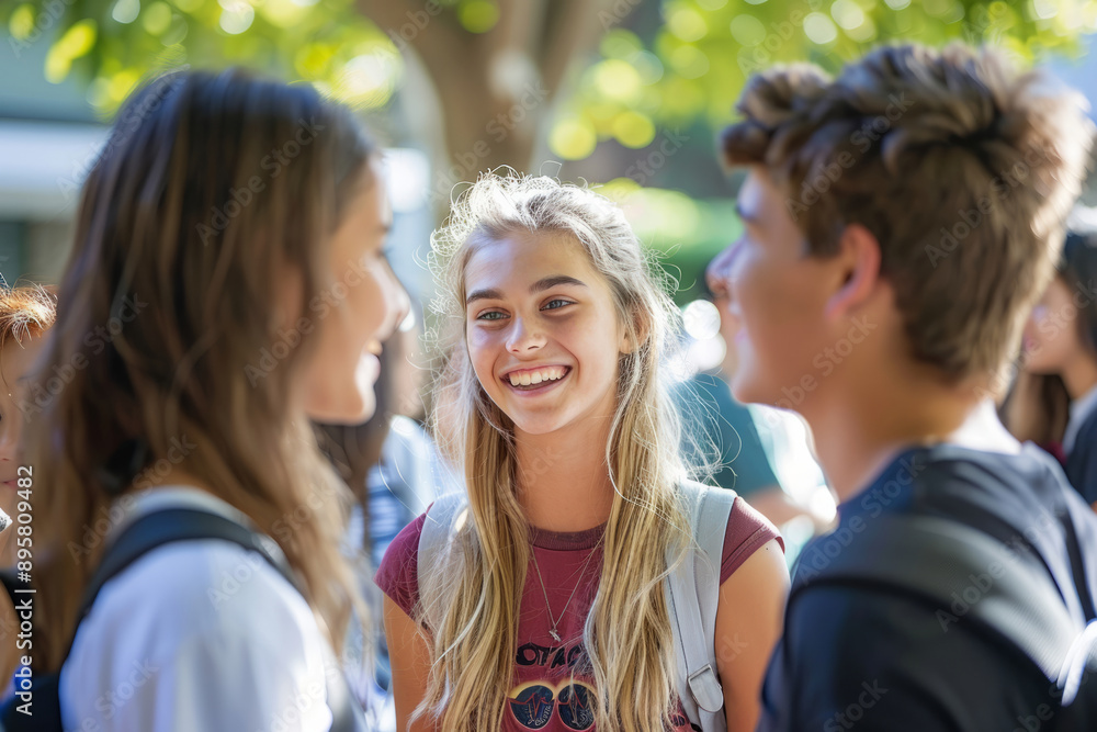 Teenagers with backpacks talking and laughing outdoors at school Teenagers with backpacks talking and laughing outdoors at school