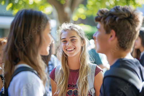 Teenagers with backpacks talking and laughing outdoors at school