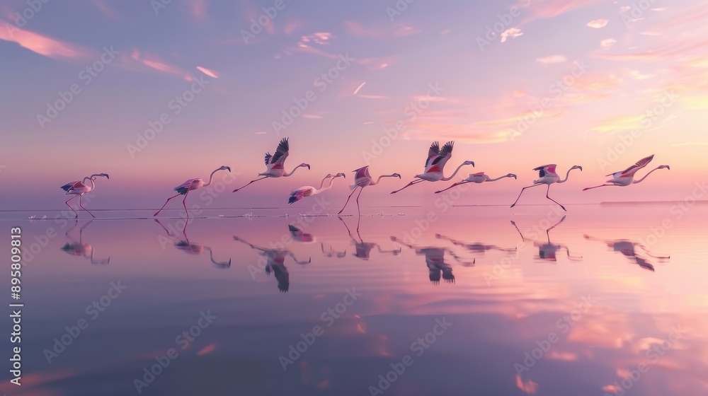 custom made wallpaper toronto digitalFlock of flamingos is flying and running over a body of water with a beautiful sunset in the background, creating reflections