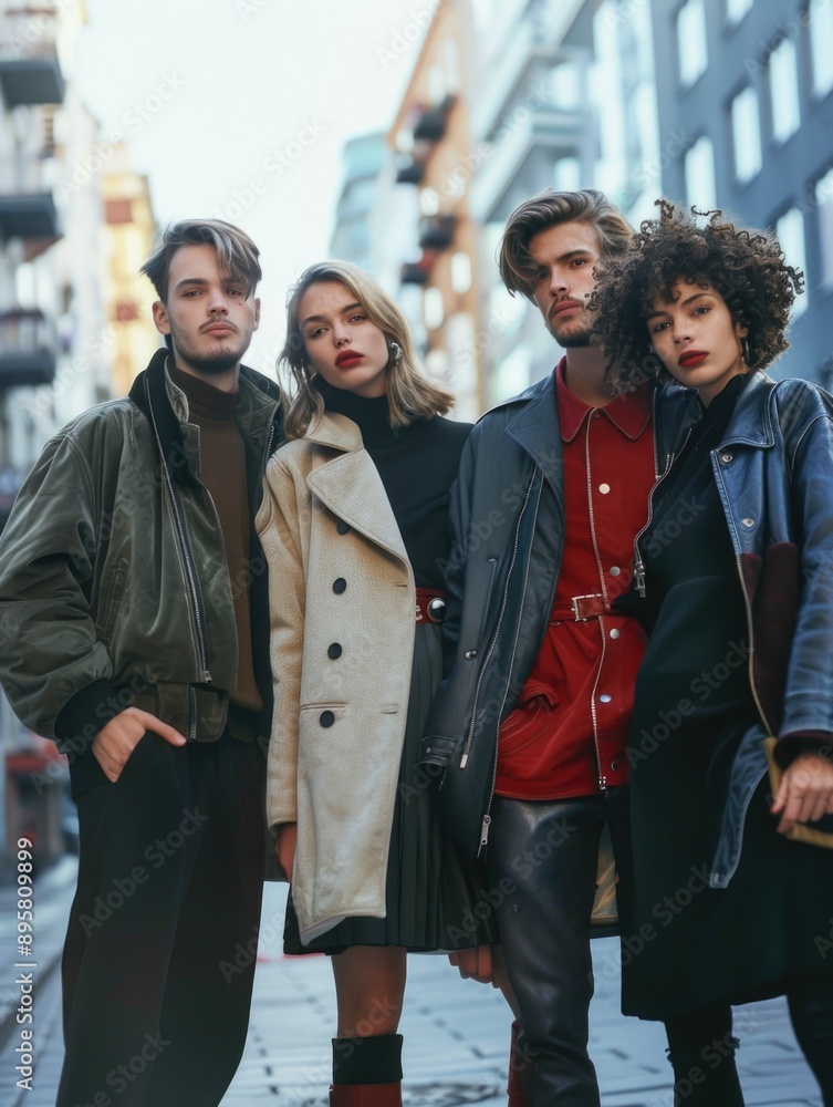 Group of people standing together on a city street, casual and relaxed Group of people standing together on a city street, casual and relaxed