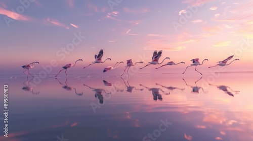 Wallpaper Mural Flock of flamingos is flying and running over a body of water with a beautiful sunset in the background, creating reflections Torontodigital.ca