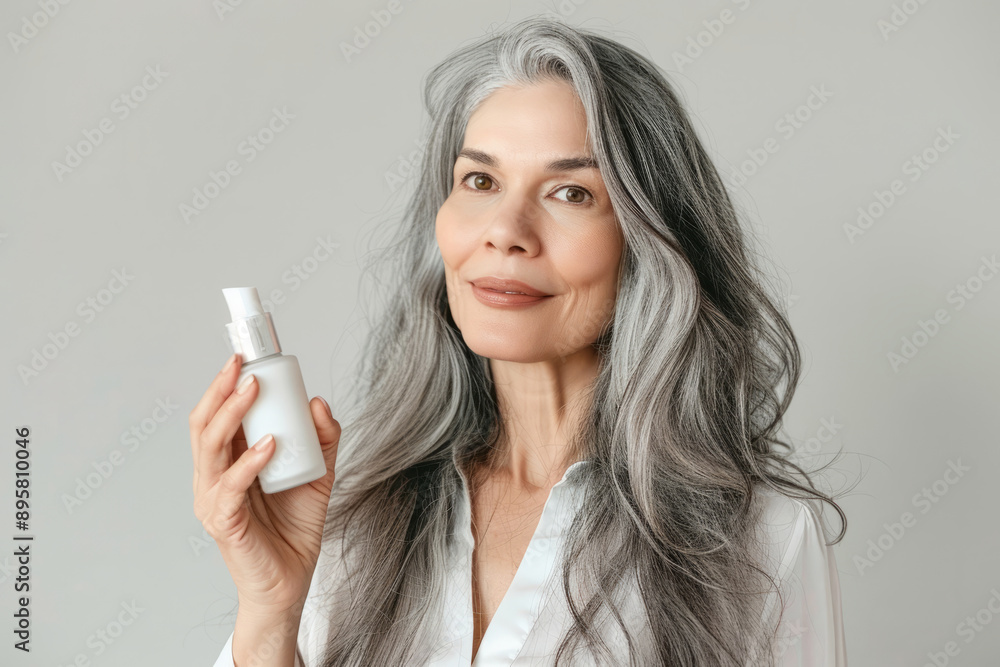 Mature woman with grey hair smiles while holding a skincare serum bottle Mature woman with grey hair smiles while holding a skincare serum bottle