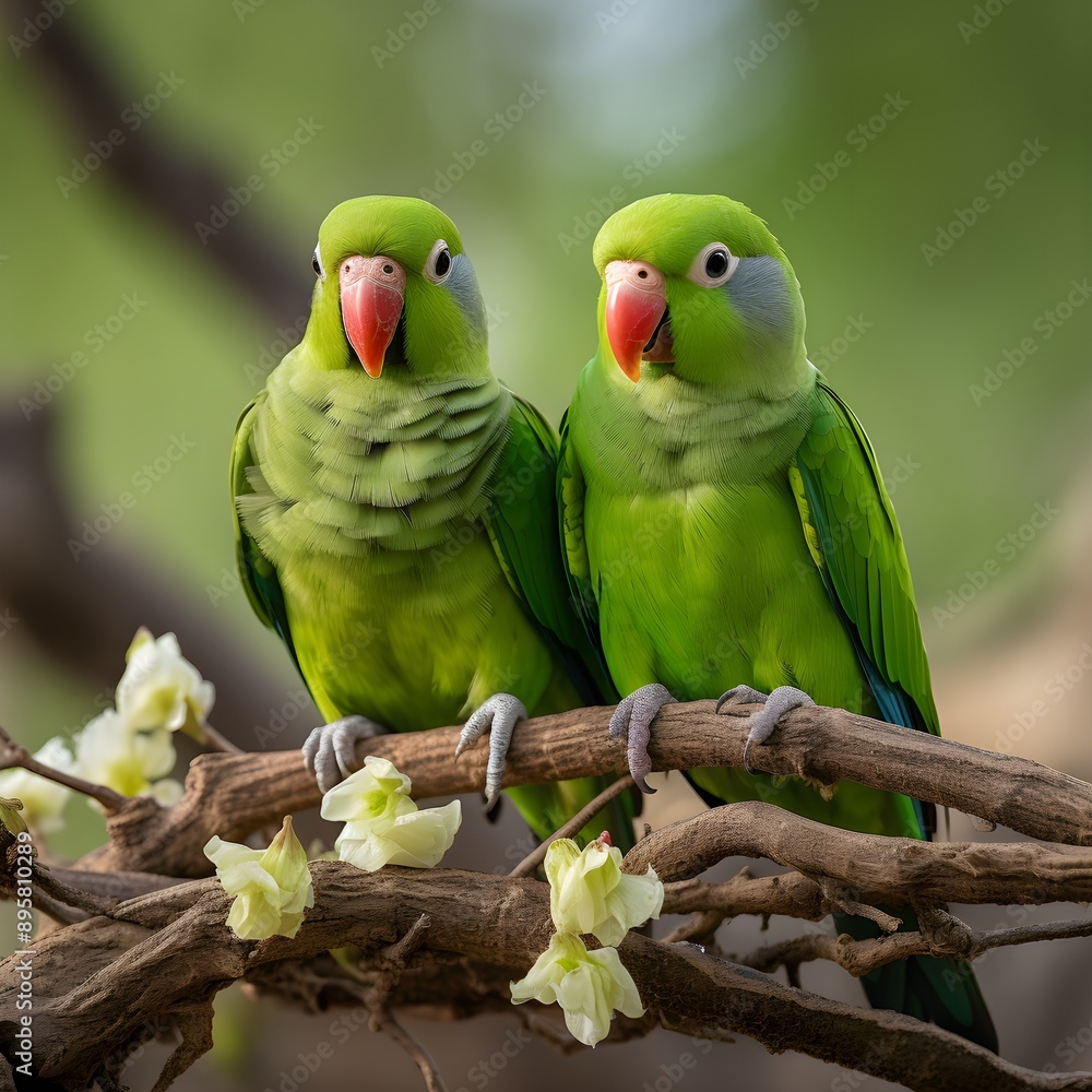 Fototapeta premium two green parrots pair of parrots two parrots in the tree