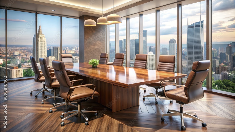 Polished wooden conference table with sleek leather chairs surrounded by sleek modern office interior and blurred cityscape background. Polished wooden conference table with sleek leather chairs surrounded by sleek modern office interior and blurred cityscape background.
