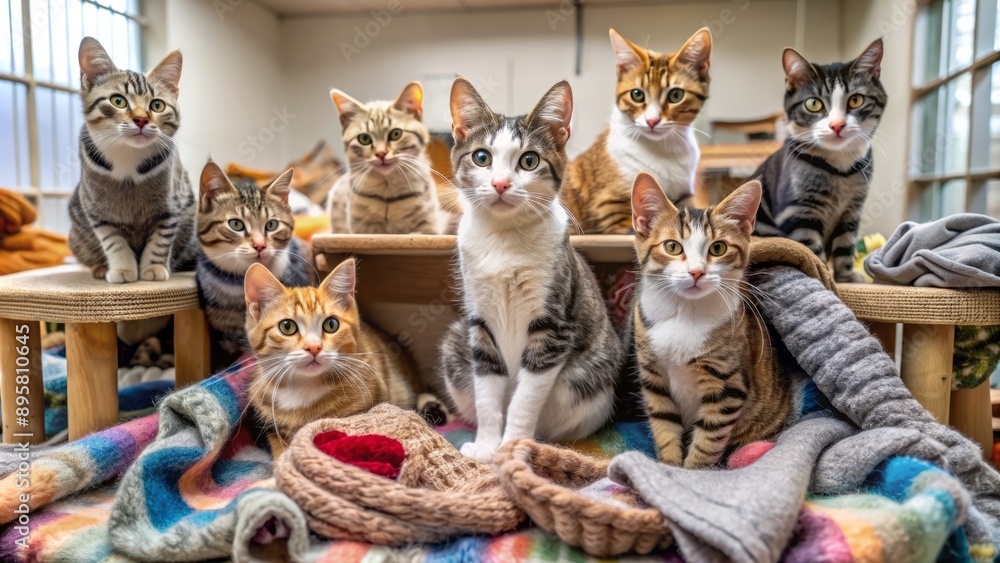 © DigitalArt Max - Adorable felines surrounded by warm blankets, toys, and scratching posts in a cozy, well-maintained animal shelter environment.