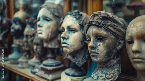 Antique mannequin heads in vintage shop