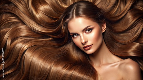 Gorgeous, luscious, shiny brown hair cascades down, surrounded by flawless, radiant, smooth skin, perfect for beauty and hair care product showcases.