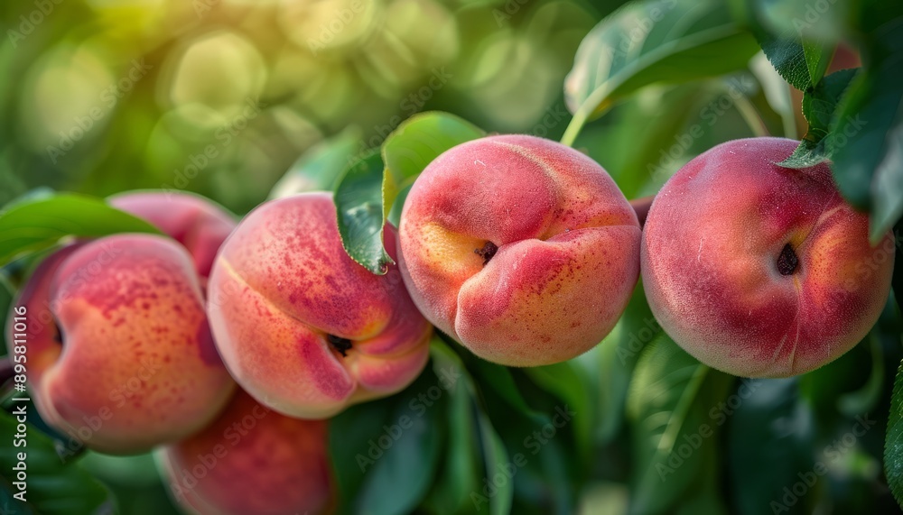 Obraz premium Peaches on the tree, close-up, high definition photography, high resolution, In sharp focus against a blurred background, fantasy, magical, photography, Close-up photo of an elegant and delicate primr