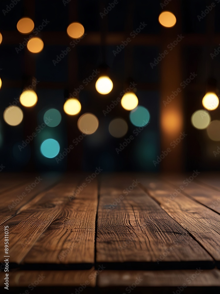 wooden table and bokeh background of lights for the display of products wooden table and bokeh background of lights for the display of products
