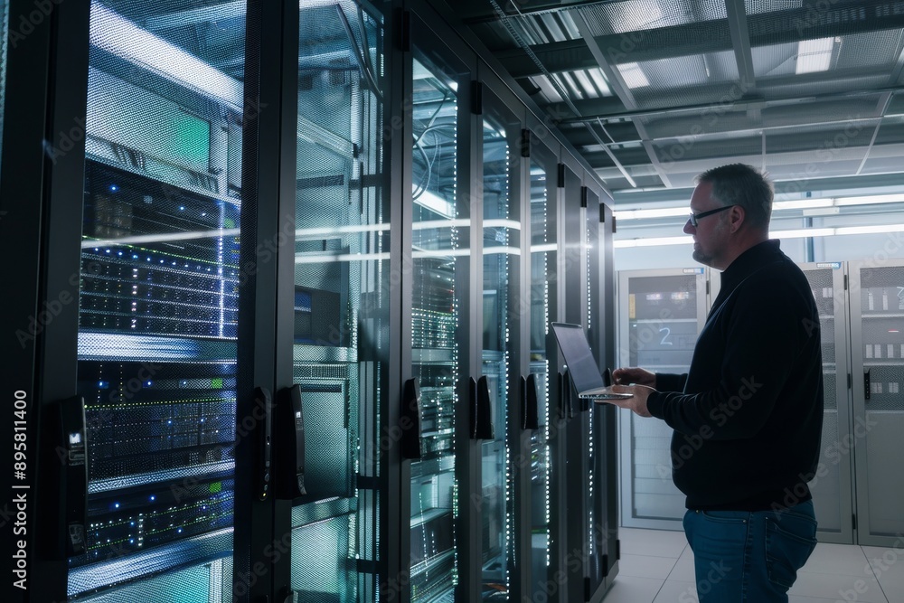 Man working with a laptop and looking at a server rack full of super speed warehouse equipment. IT engineer with tablet in server room Man working with a laptop and looking at a server rack full of super speed warehouse equipment. IT engineer with tablet in server room