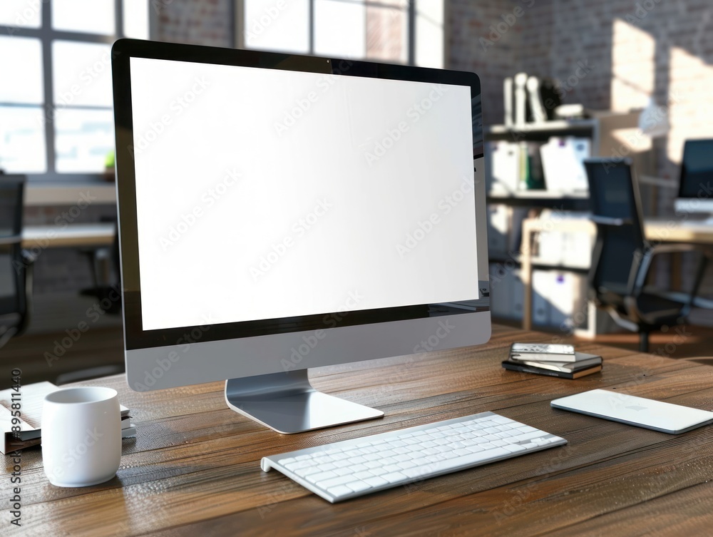 desk with computer with empty screen
desk with computer with empty screen