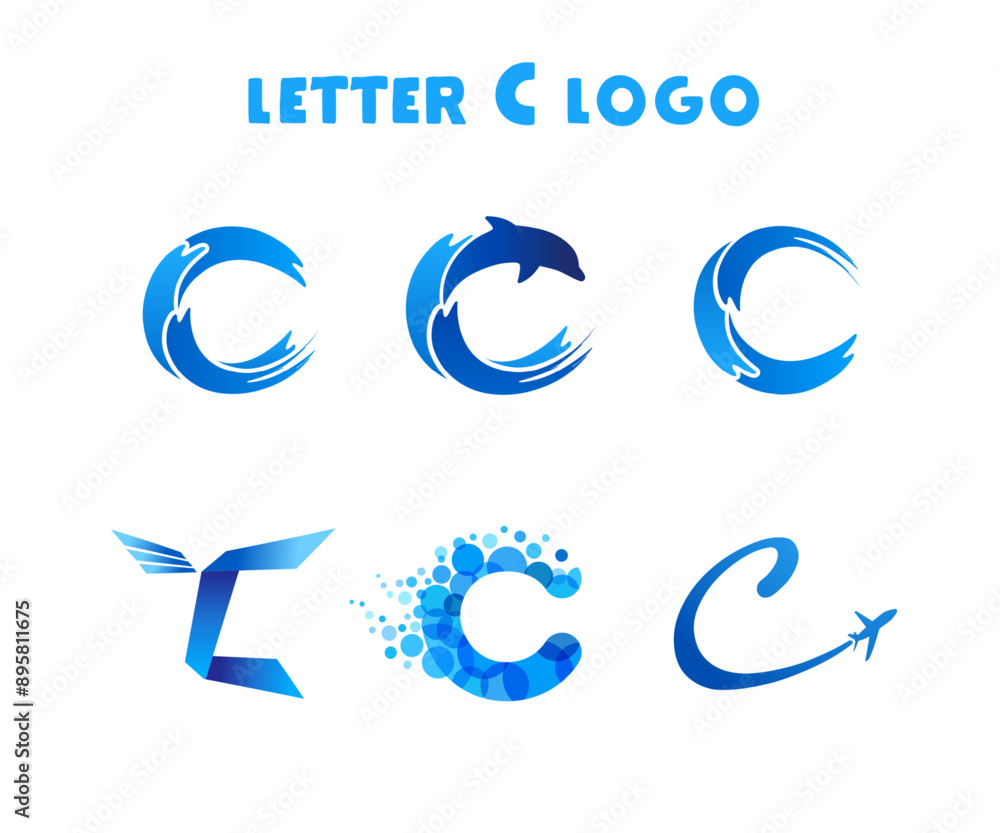C letters logo, travel concept with water, waves, dolphin and plane sign. Tourism company or expedition branding concept. Vector illustration C letters logo, travel concept with water, waves, dolphin and plane sign. Tourism company or expedition branding concept. Vector illustration
