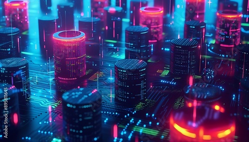 Futuristic Server Towers Glowing with Colorful Neon Lights.