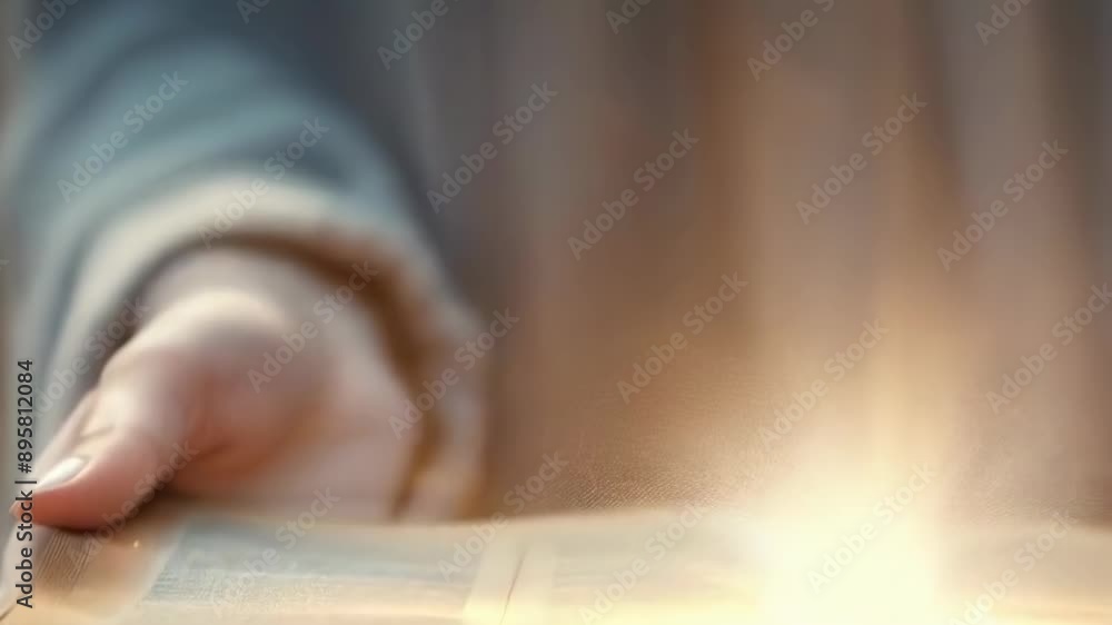 A close-up of a hand holding an open book, with a warm glowing light emanating from the pages. The person, possibly of indeterminate gender, wears a long sleeve in a soft, relaxed setting, suggesting A close-up of a hand holding an open book, with a warm glowing light emanating from the pages. The person, possibly of indeterminate gender, wears a long sleeve in a soft, relaxed setting, suggesting
