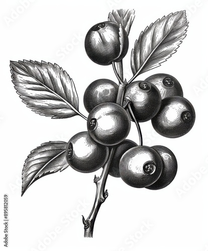 Black and white Vintage engraved art of a cranberry isolated on white background, ink sketch illustration, simple vector art design, highly detailed line art, high contrasty. 