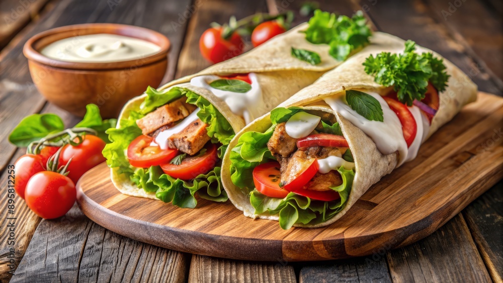 Juicy marinated grilled chicken shawarma wraps on rustic wooden board with fresh veggies and tangy tahini sauce, ready to devour. Juicy marinated grilled chicken shawarma wraps on rustic wooden board with fresh veggies and tangy tahini sauce, ready to devour.