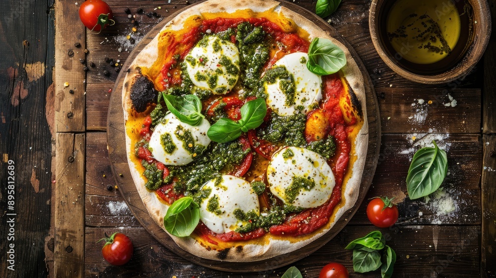 Pinsa Romana served with fresh mozzarella and basil pesto on rustic wooden table Pinsa Romana served with fresh mozzarella and basil pesto on rustic wooden table