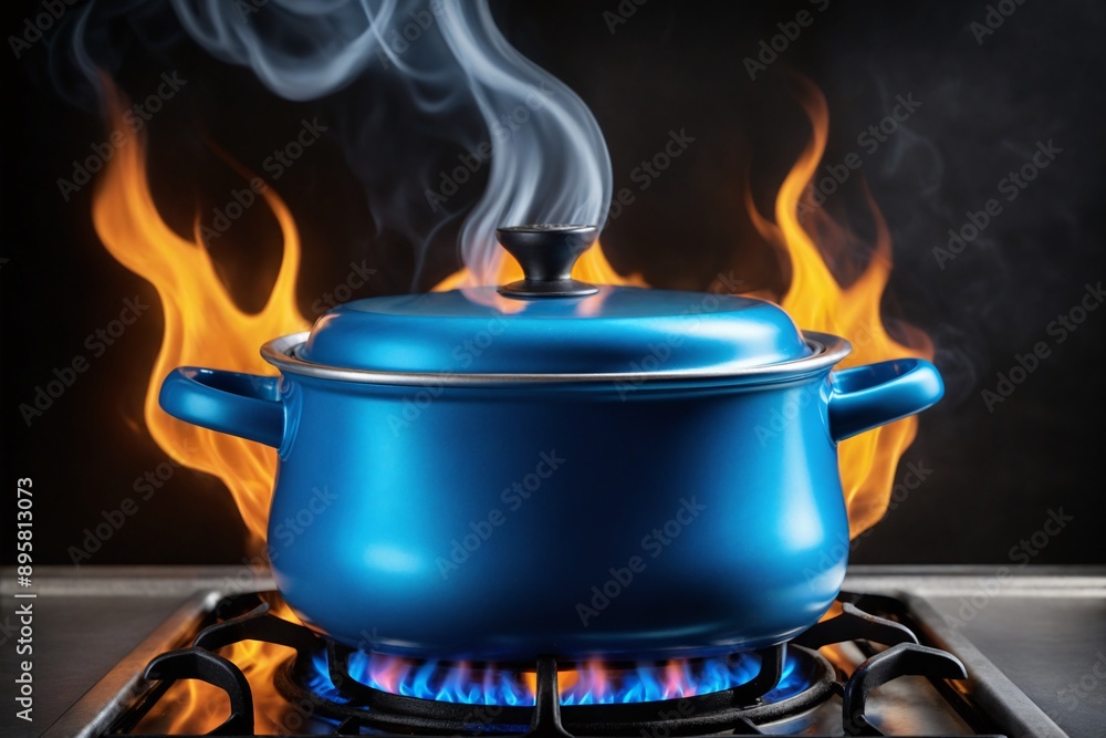 Blue Pot on a Stovetop with Flames. Blue Pot on a Stovetop with Flames.