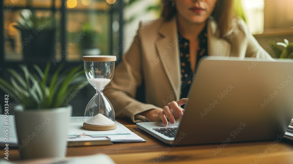 Unknown businesswoman sit at desk working on laptop, focus on hourglass showing passage of workday time. Deadline, time is money, billable hours, productive and effective work day Unknown businesswoman sit at desk working on laptop, focus on hourglass showing passage of workday time. Deadline, time is money, billable hours, productive and effective work day