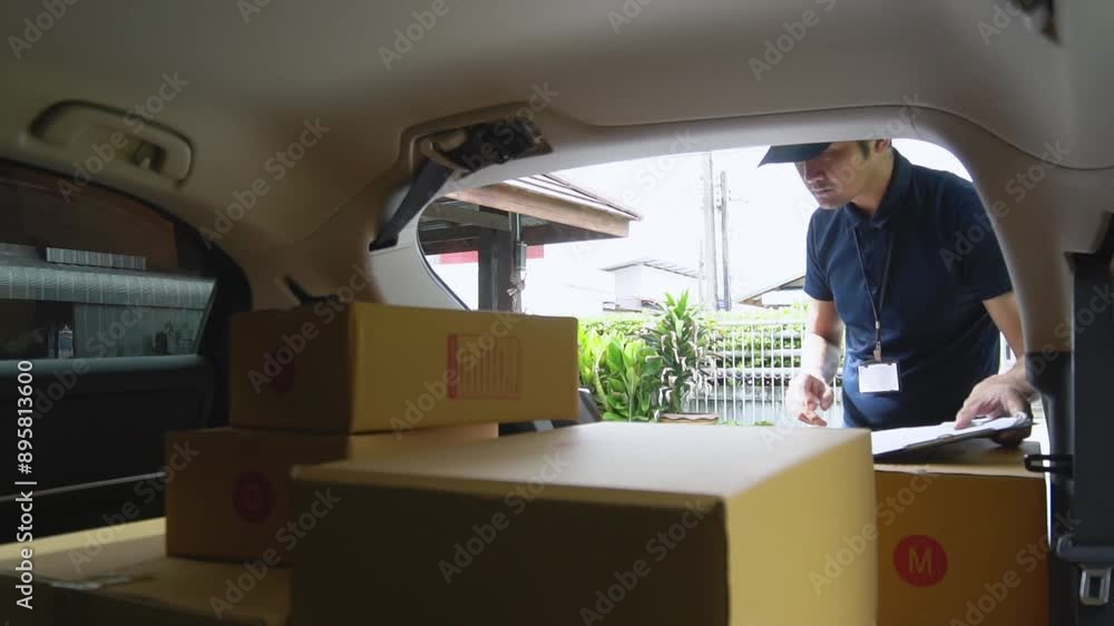Delivery Man, an Asian man, checks delivery orders to customers at home. Delivery Man, an Asian man, checks delivery orders to customers at home.