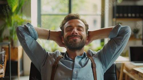 Relaxed man take break from work put hands behind head lean on comfy chair closing eyes feels serenity, enjoy fresh conditioned air in modern office, no stress, fatigue relieve at workplace