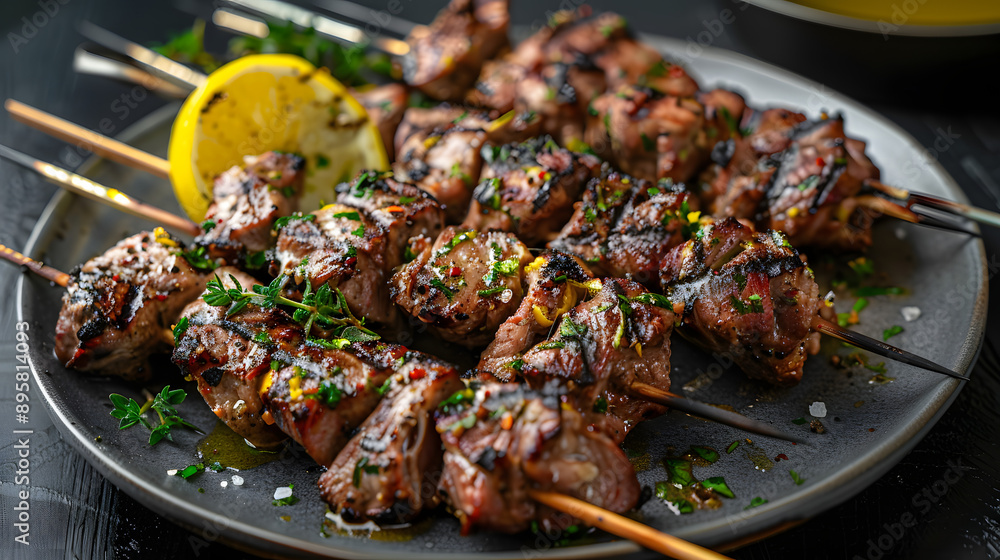 Close-up of grilled chicken skewers, garnished with fresh parsley, served on a black plate with dipping sauce. Close-up of grilled chicken skewers, garnished with fresh parsley, served on a black plate with dipping sauce.