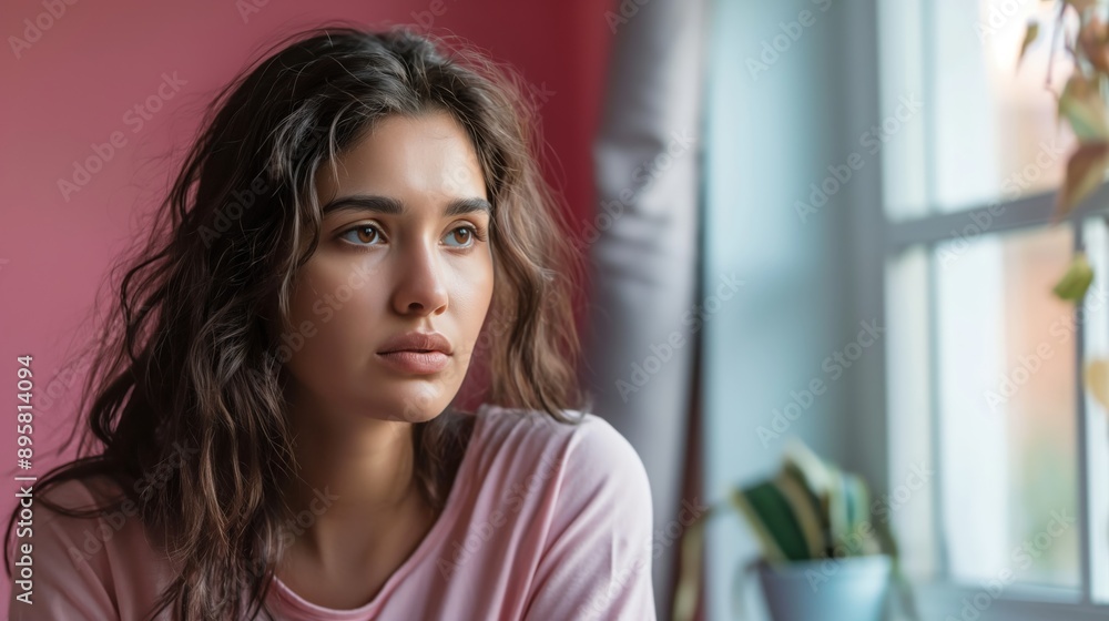 Unhappy thoughts. Worried young latin woman look at window feel lonely sad wait for boyfriend husband coming back after quarrel. Unhappy thoughts. Worried young latin woman look at window feel lonely sad wait for boyfriend husband coming back after quarrel.