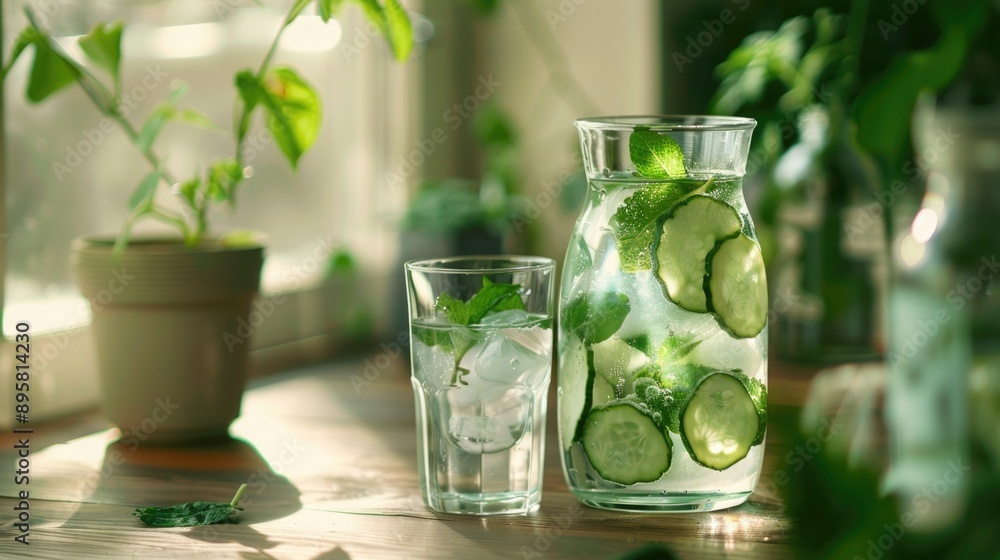 Detox water with cucumber and mint in a transparent decanter, close-up view, space for text Detox water with cucumber and mint in a transparent decanter, close-up view, space for text
