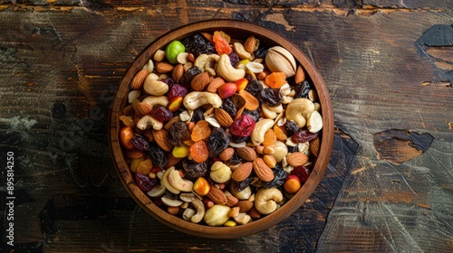 Trail mix snack with a variety of nuts and dried fruits in a wooden bowl photographed from above Selective Focus on the mix in the bowl