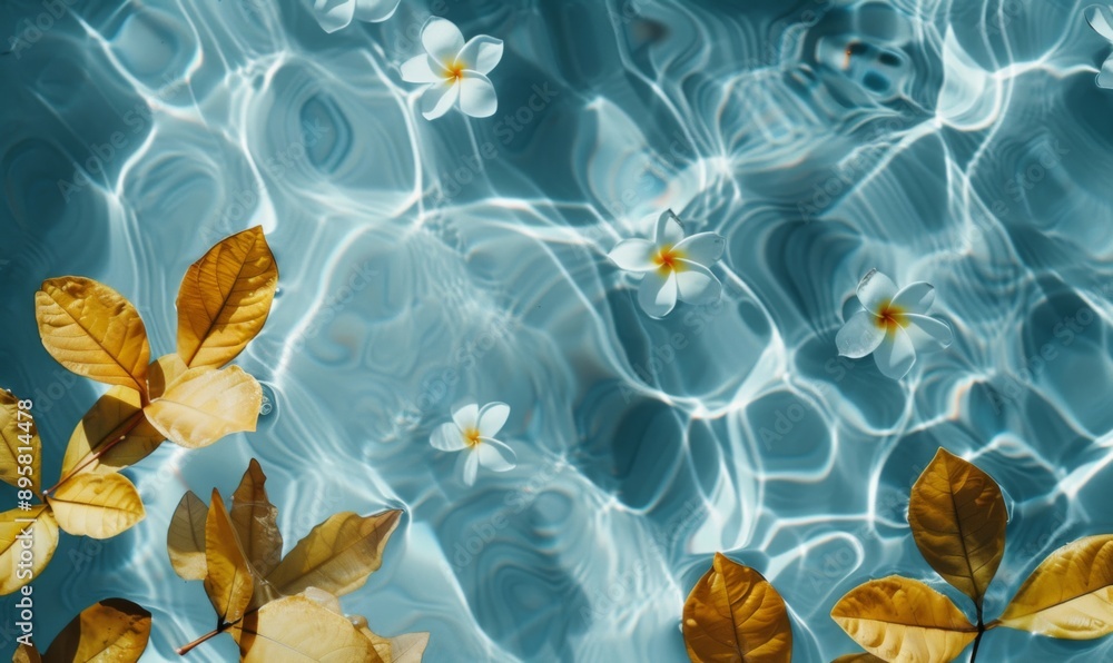 Water background. Blue aqua texture, surface of ripples, transparent, flower, shadows and yellow leaves. Spa and cosmetic concept background. Flat lay, top view, copy space, banner Water background. Blue aqua texture, surface of ripples, transparent, flower, shadows and yellow leaves. Spa and cosmetic concept background. Flat lay, top view, copy space, banner