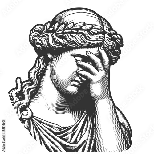 classical statue with a facepalm expression, frustration or disappointment in detailed line art sketch engraving generative ai vector illustration. Scratch board imitation. Black and white image.