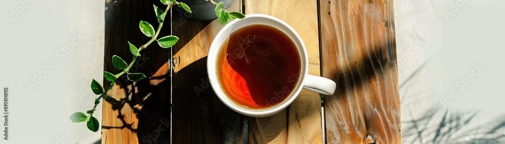 A cup of refreshing tea on a rustic wooden table with a green plant, capturing a serene and relaxing moment in natural daylight. A cup of refreshing tea on a rustic wooden table with a green plant, capturing a serene and relaxing moment in natural daylight.