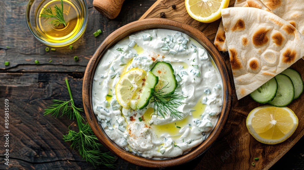 Greek Tzatziki Dip with Cucumber Sour Cream Yogurt Lemon Olive Oil and Dill on Pita Bread Top View Greek Tzatziki Dip with Cucumber Sour Cream Yogurt Lemon Olive Oil and Dill on Pita Bread Top View