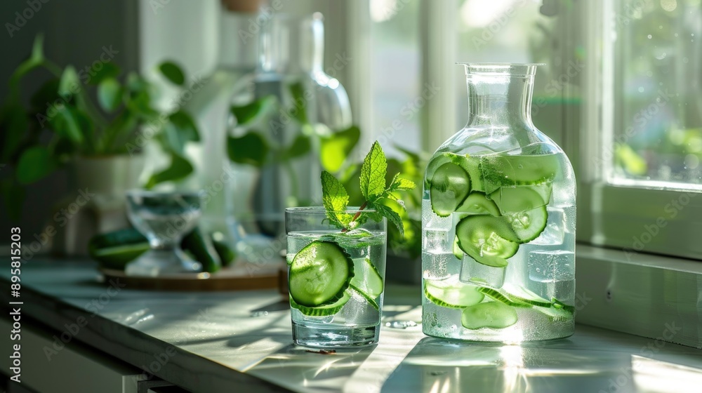 Detox water with cucumber and mint in a transparent decanter, close-up view, space for text Detox water with cucumber and mint in a transparent decanter, close-up view, space for text