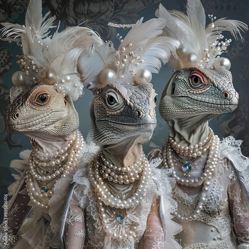 Three exorbitantly dressed pearlescent lizard people. High fashion pearls and lace. Feathers. Gemstones and ruffles. photo