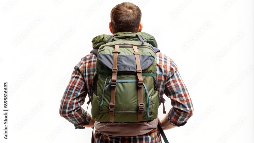 Obraz premium Rear view of solitary male hiker's backpack isolated on pure white background, conveying sense of adventure and rugged determination.