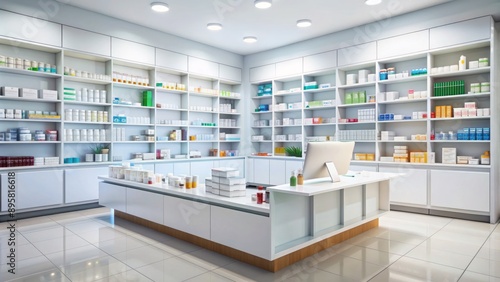 Sparse, modern pharmacy setting with vacant white counter and blurred shelves stocked with various medications in the background.