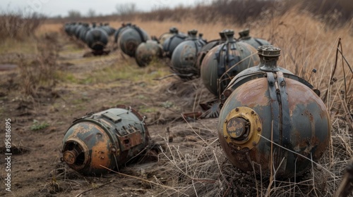 Anti personnel and anti tank mines on display in a minefield
