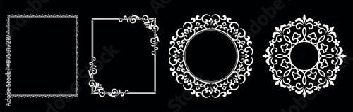 Set of decorative frames Elegant vector element for design in Eastern style, place for text. Floral black and white borders. Lace illustration for invitations and greeting cards.